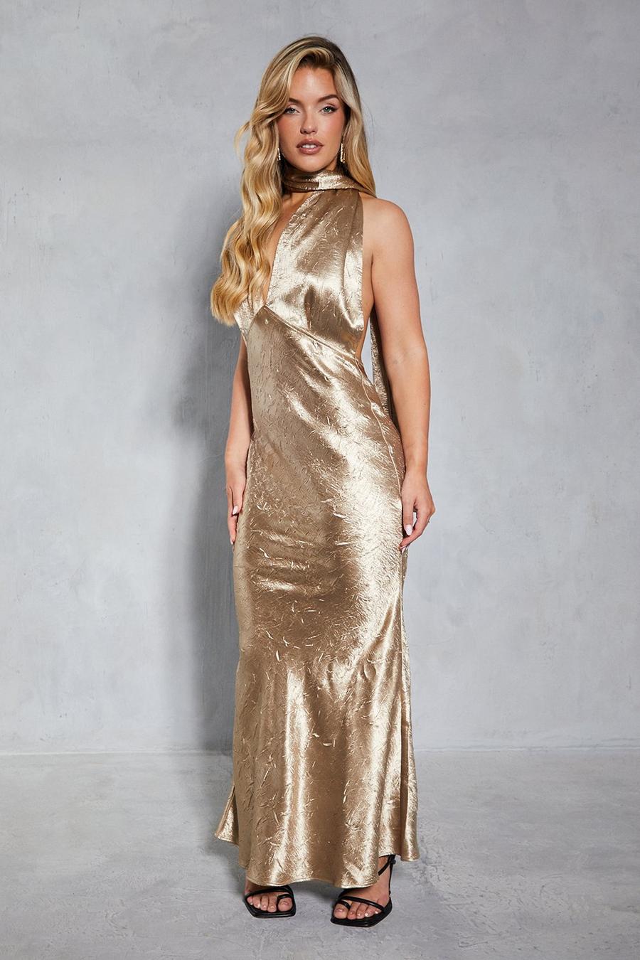 Gold Hammered Satin Scarf Detail Fishtail Maxi Dress