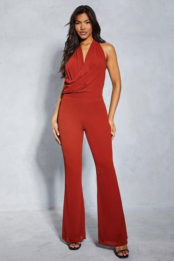 Chiffon Draped Neck Low Back Flare Leg Jumpsuit rust