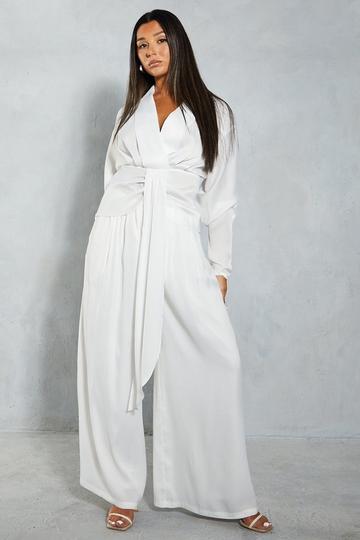 White Textured Satin Pleat Detail Wide Leg Trouser