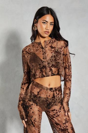 Devore Mesh Floral Long Sleeve Collarless Shirt taupe