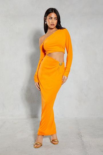 Mesh Hammered Gold Trim Off Shoulder Maxi Dress orange