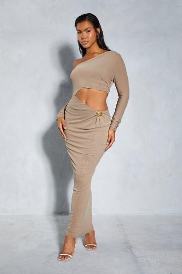 Mesh Hammered Gold Trim Off Shoulder Maxi Dress taupe