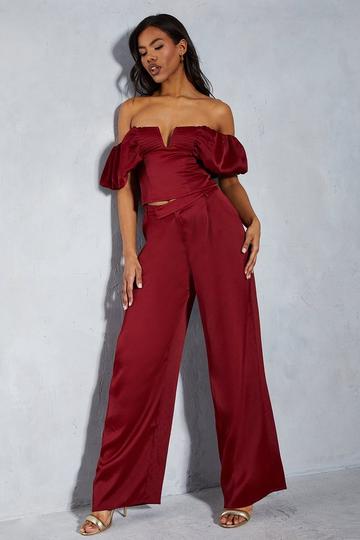 Textured Satin Dipped Waist Straight Leg Trouser berry