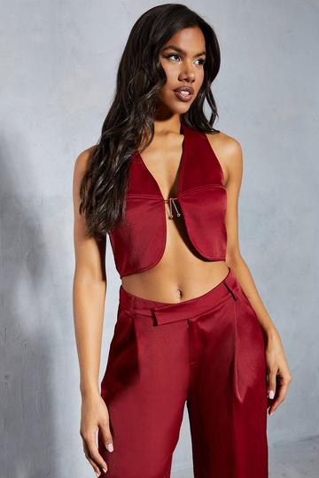 Textured Satin Gold Trim Sleeveless Top berry