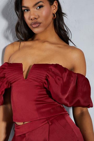 Textured Satin Pleated Bust Frill Bardot Top berry