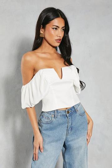 Textured Satin Pleated Bust Frill Bardot Top ivory