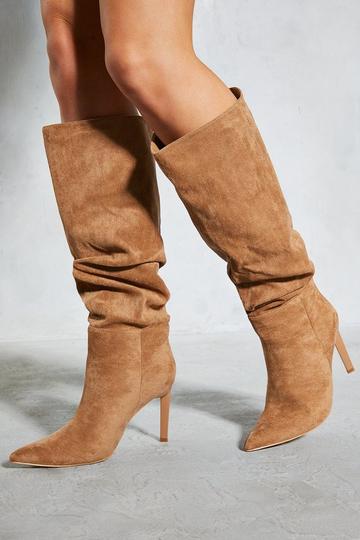 Brown Faux Suede Ruched Stiletto Boots