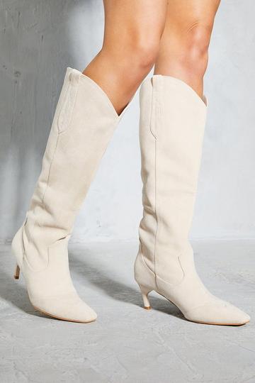 Faux Suede Western Low Heel Boots stone