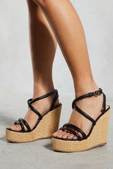 Black Padded Leather Look Woven Wedge Heels