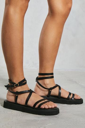 Black Leather Look Strappy Flatform Sandals