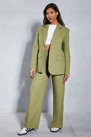 Olive Green Premium Linen Look Tailored Wide Leg Trouser