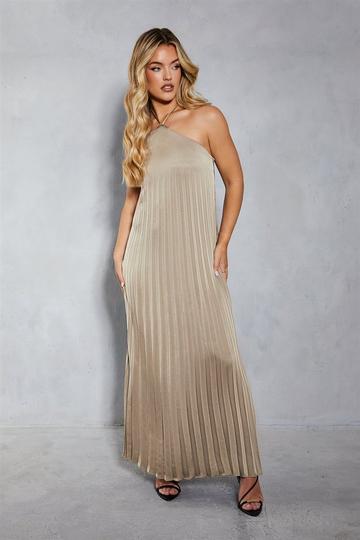 Bronze Metallic Satin Pleated Strappy Halterneck Low Back Maxi Dress