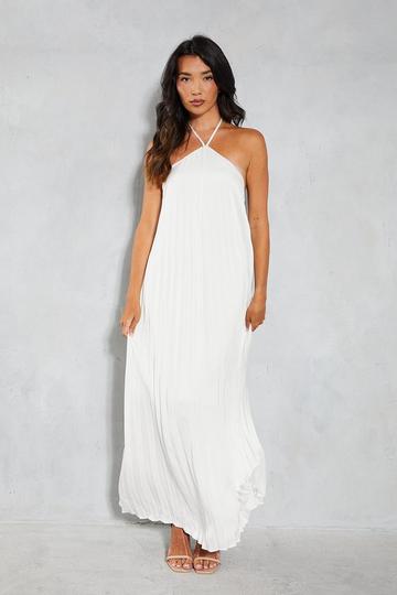 Satin Pleated Strappy Halterneck Low Back Maxi Dress ivory