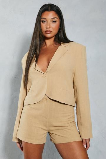 Camel Beige Textured Tailored Curved Hem Long Sleeve Blazer