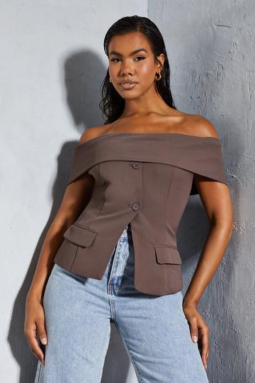 Tailored Bardot Sleeveless Blazer Top chocolate