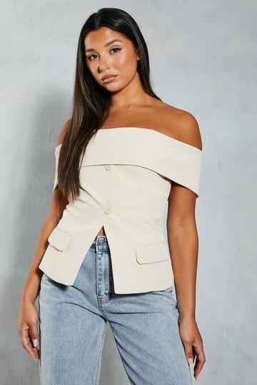 Tailored Bardot Sleeveless Blazer Top stone