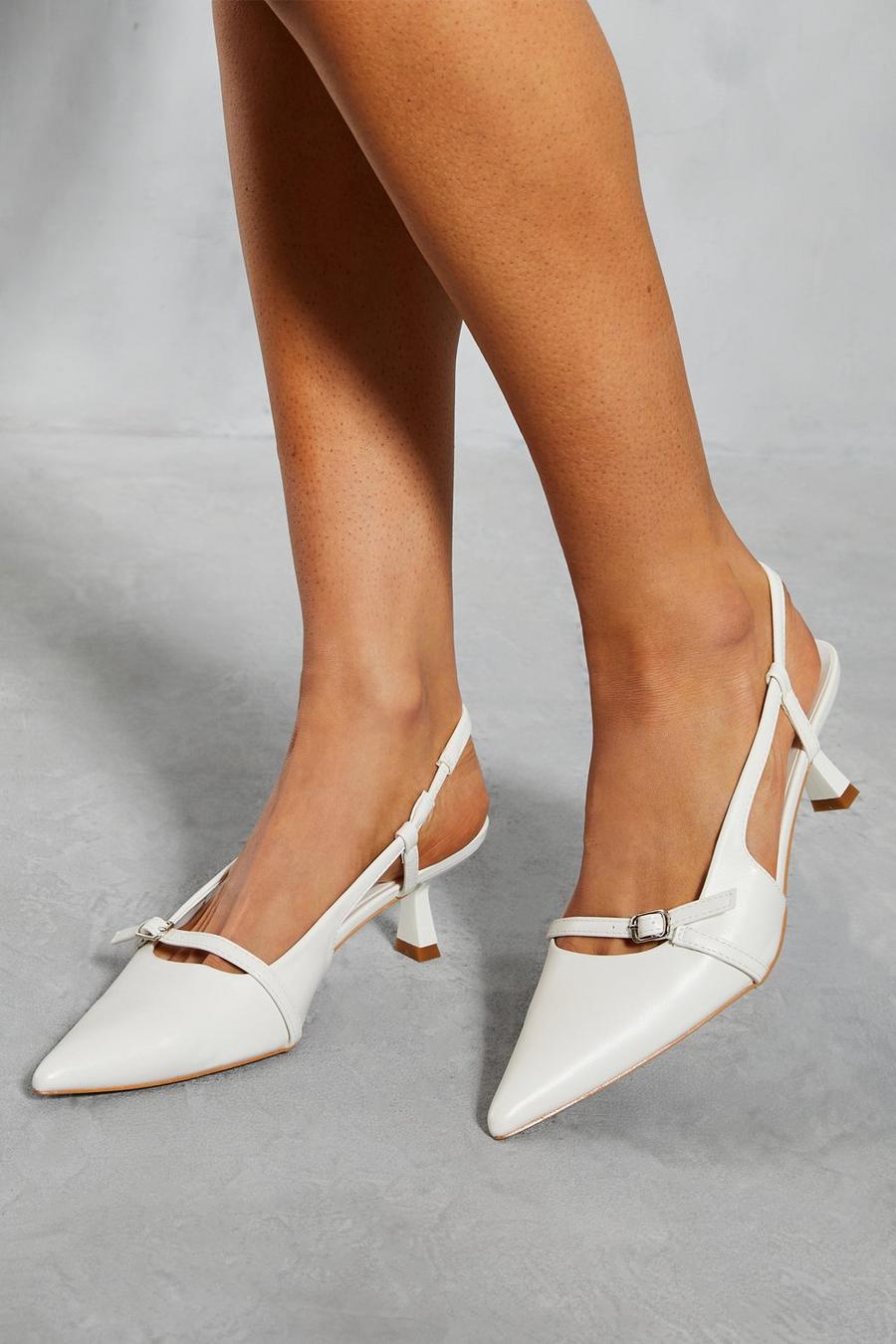 White Pointed Buckle Sling Back Low Heels image number 1