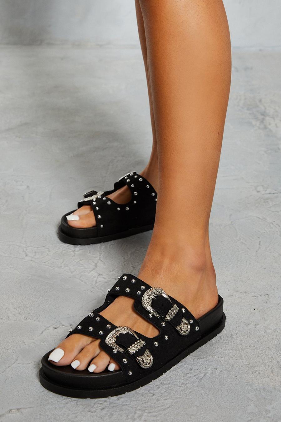 Black Studded Faux Suede Buckle Sliders