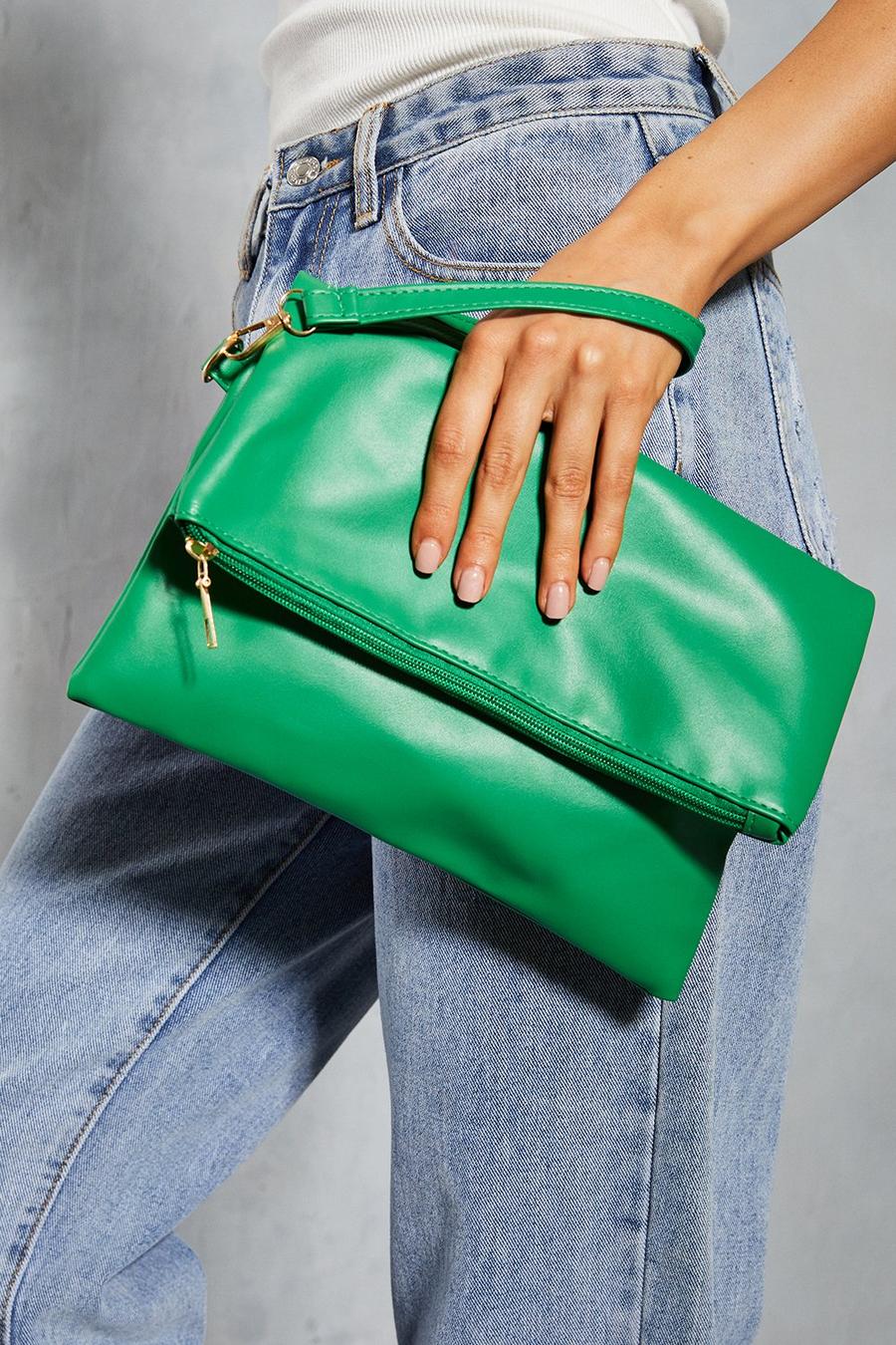 Green Leather Look Fold Over Clutch Bag