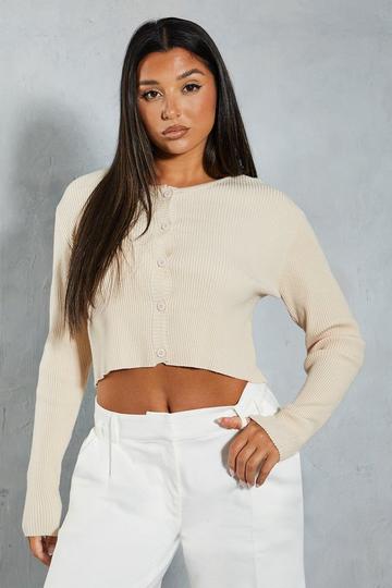 Stone Beige Rib Knit Wide Sleeve Cropped Cardigan