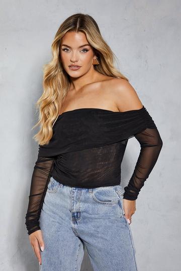 Mesh Ruched Drape Bardot Long Sleeve Top black