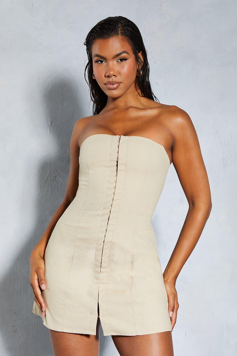 Womens Linen Look Hook & Eye Detail Bandeau A-Line Mini Dress - Stone - 14, Stone