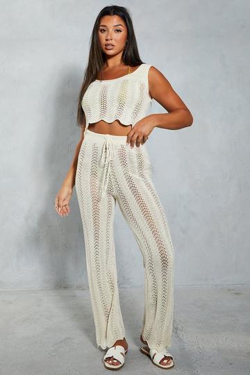 Crochet Knit Straight Leg Scalloped Hem Trouser ivory