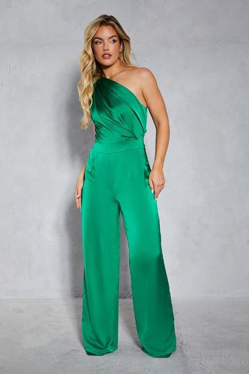 Satin Asymmetric Draped Neckline Wide Leg Jumpsuit green