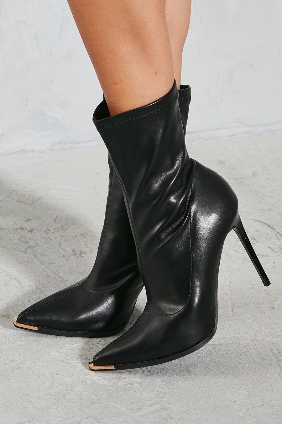 Black Leather Look Pointed Metal Toe Ankle Boots