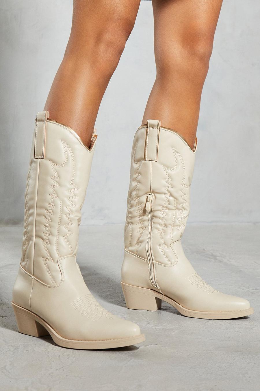 Beige Leather Look Western Knee High Boots