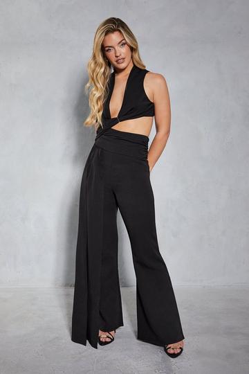 Black Wrap Detail Halterneck Draped Flare Leg Jumpsuit