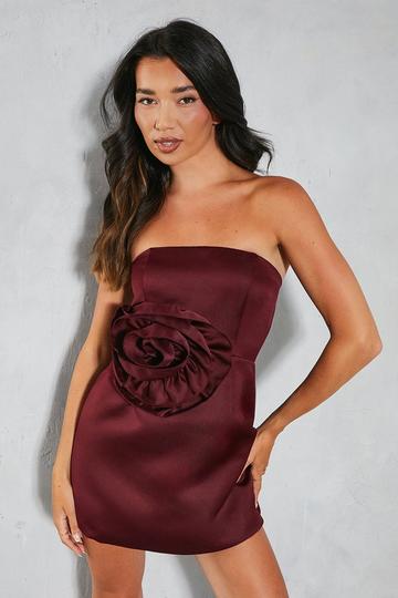 Premium Satin Floral Bandeau Mini Dress berry