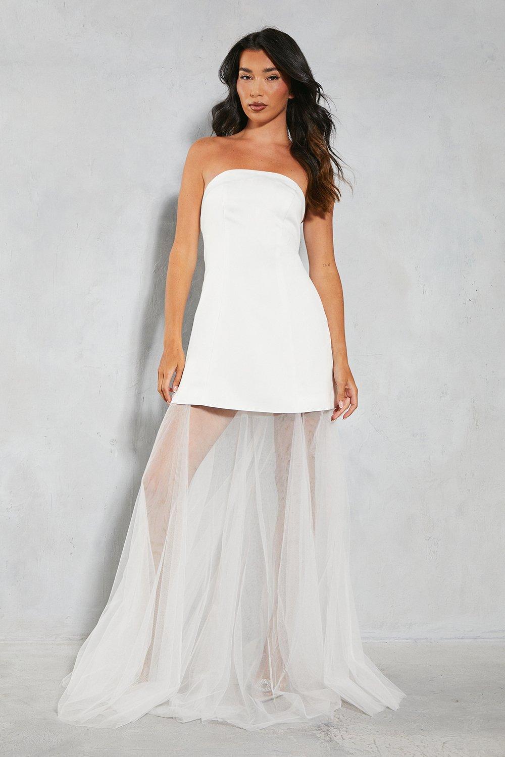 Womens Premium Satin Detachable Tulle Skirt Bandeau Maxi Dress - Ivory - 16, Ivory