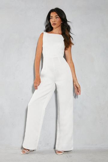 Premium Satin Sleeveless Bow Back Straight Leg Jumpsuit ivory