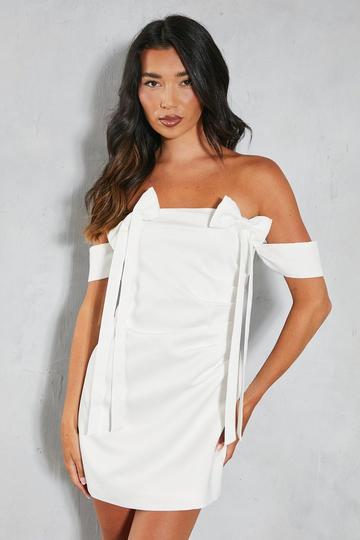 Premium Satin Bardot Bow Detail Bodycon Mini Dress ivory