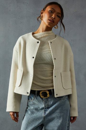 Cream White Wool Look Textured Jacket