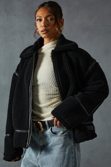 Black Teddy Faux Fur Aviator Jacket