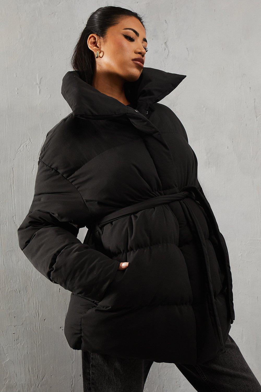 Padded Collar Tie Belt Puffer Coat