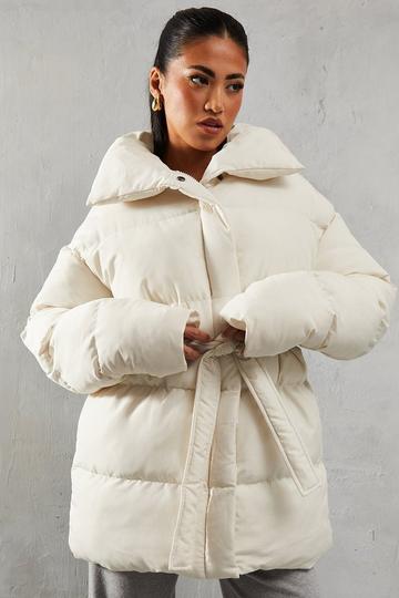 Padded Collar Tie Belt Puffer Coat cream