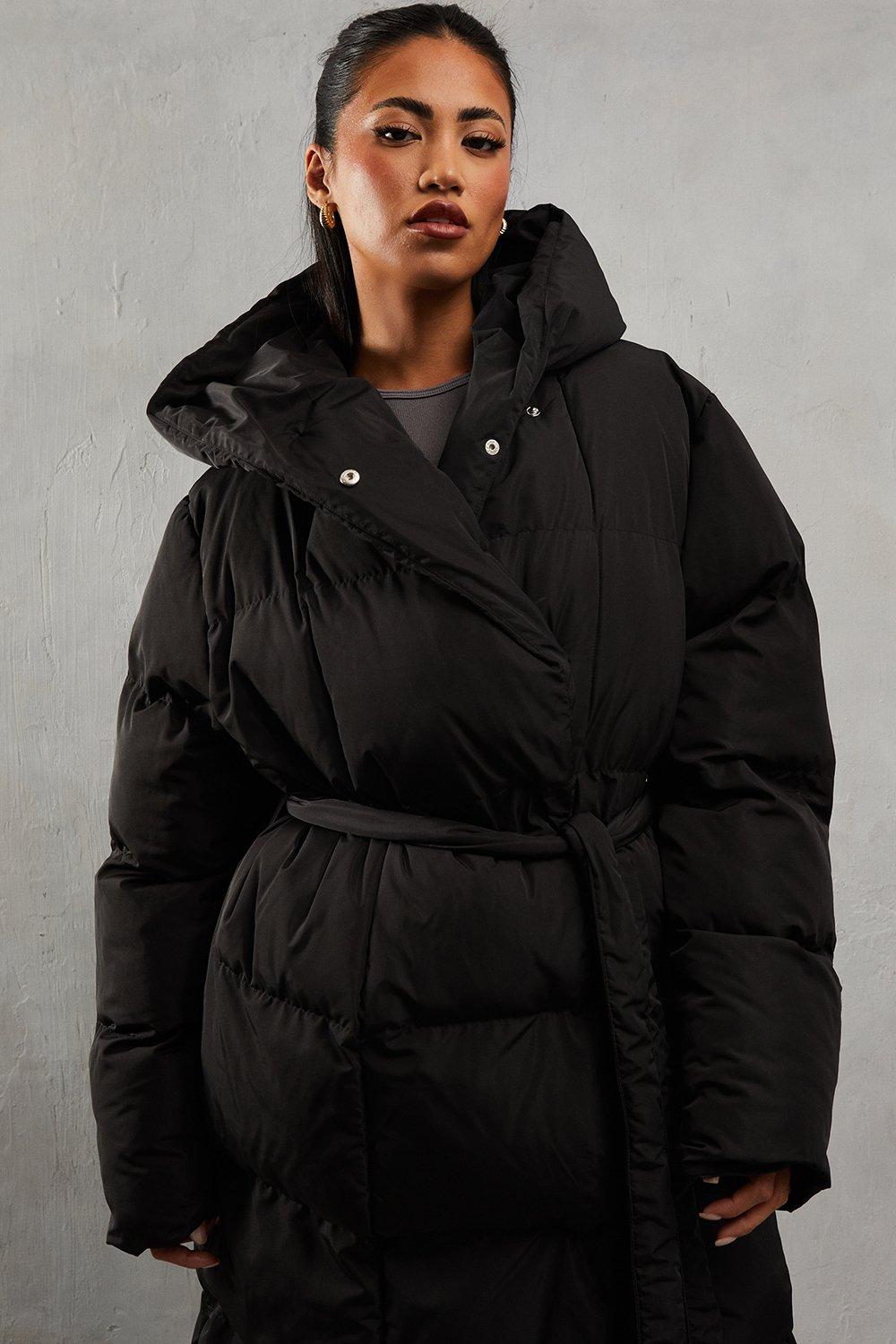 Black hooded longline padded coat clearance