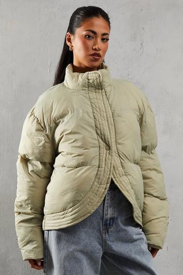 Green Ribbed Placket Puffer Coat