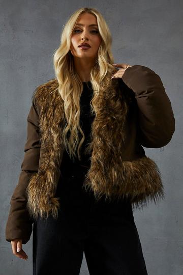 Faux Fur Trim Puffer Coat chocolate