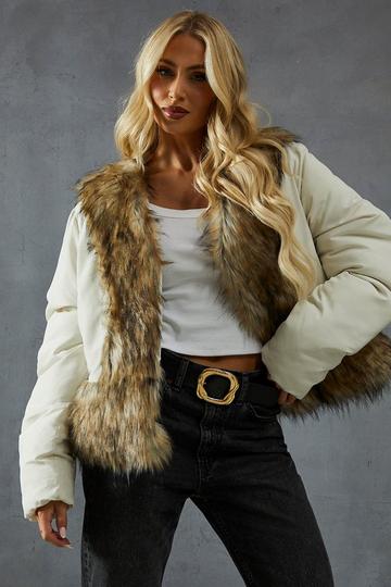 Faux Fur Trim Puffer Coat cream