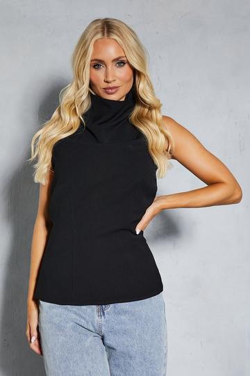 Black Bow Detail Open Back High Neck Top