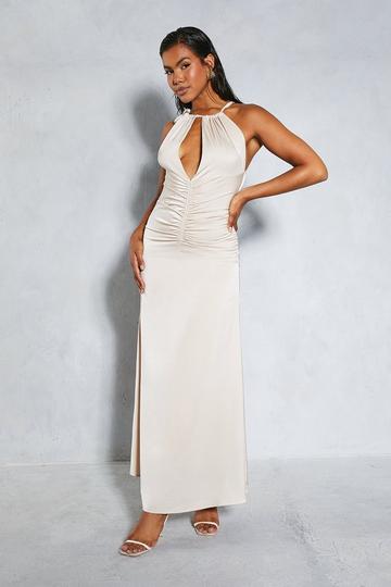 Satin Halterneck Ruched Front Maxi Dress champagne