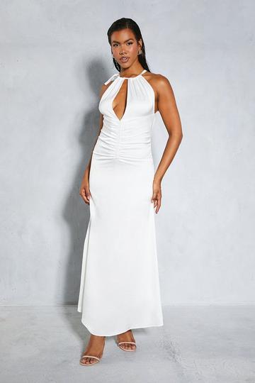 Satin Halterneck Ruched Front Maxi Dress ivory