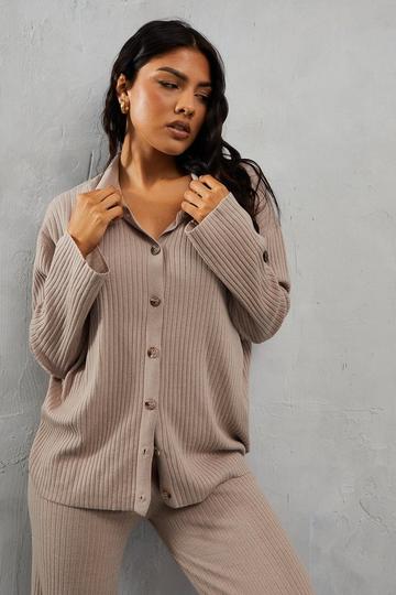 Knitted Rib Long Sleeve Shirt & Wide Leg Trouser Set stone