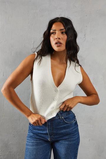 Knitted Sleeveless Cropped Button Through Cardigan white