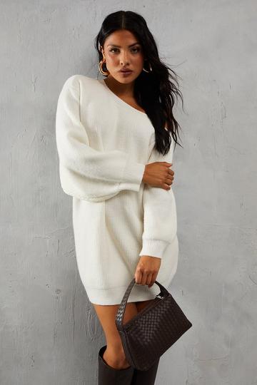 Knitted Rib Off The Shoulder Jumper Dress white