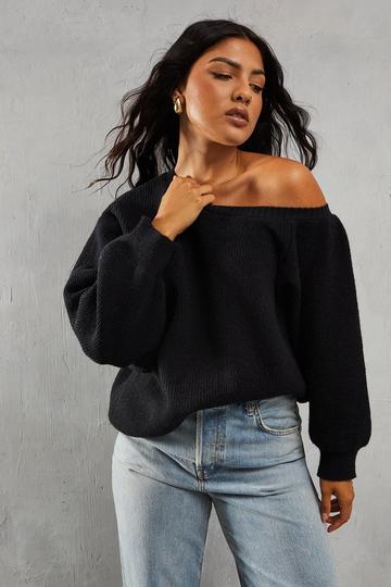 Knitted Rib Off The Shoulder Jumper black